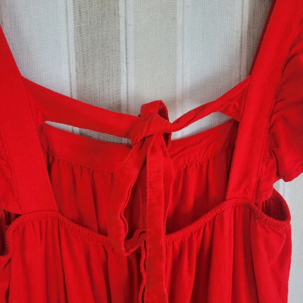 H&M‎ Linen Blend Jumpsuit Vibrant Red Size Large Flutter Ruffle Short Sleeves